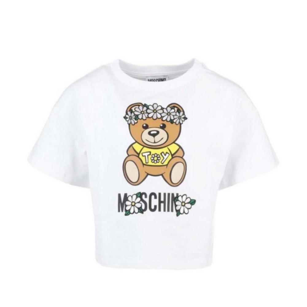 Moschino White Tee with Teddy and Floral Accents